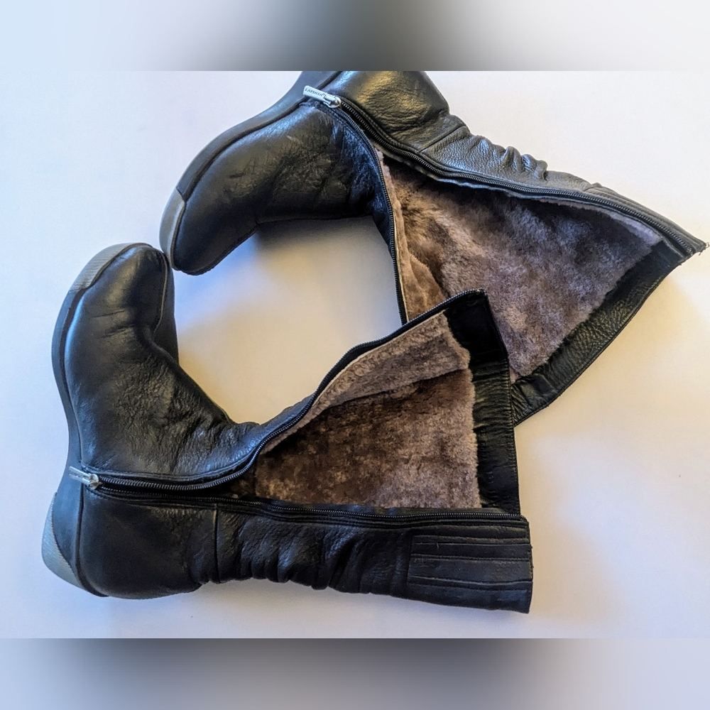 La Pinta Women's Black Genuine Leather Sheepskin Wide Calf Boots Sz 10